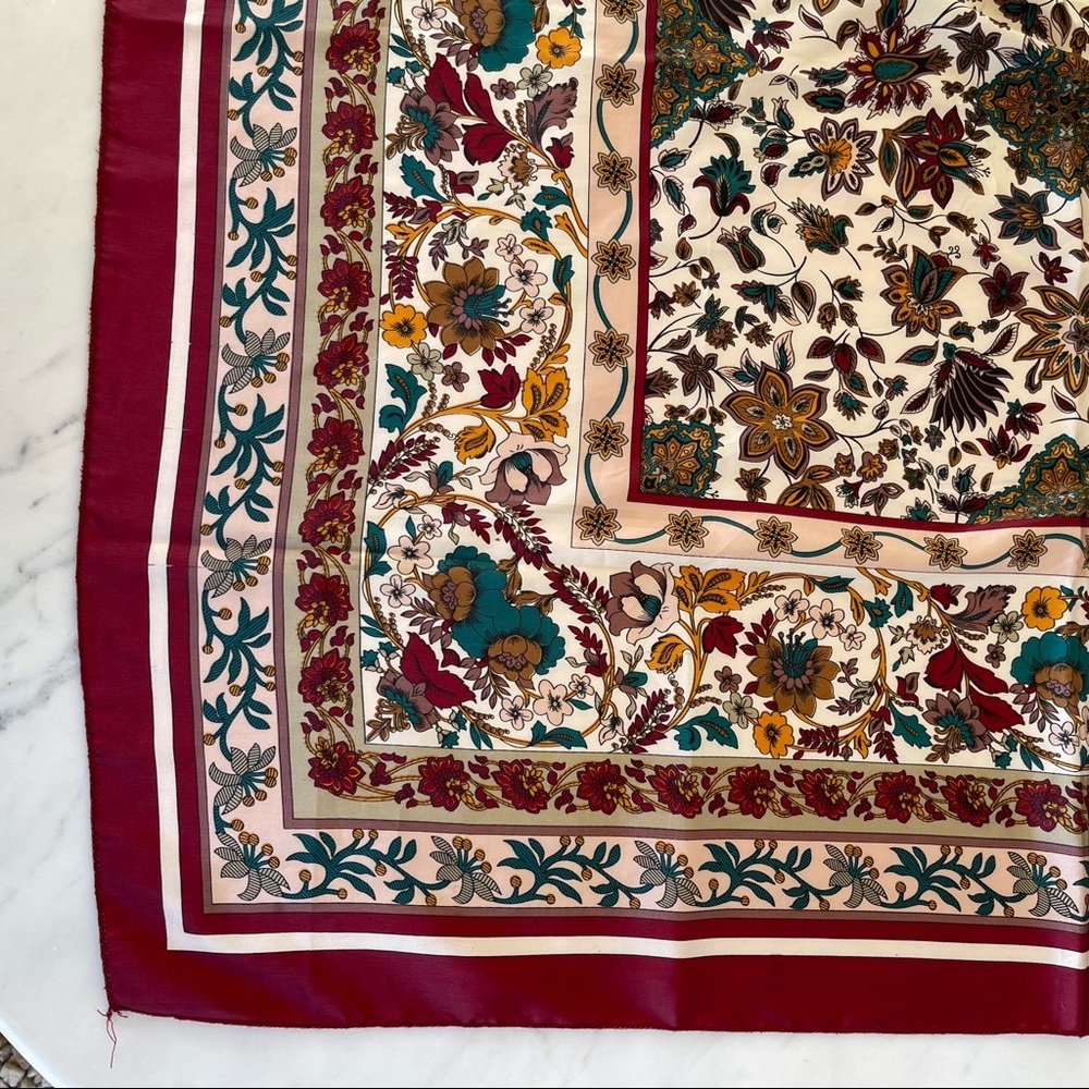 Wine/Blush/Teal Floral Border Print Satin Scarf